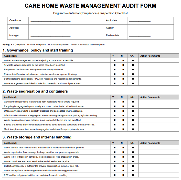 Care Home Waste Management Audit Checklist