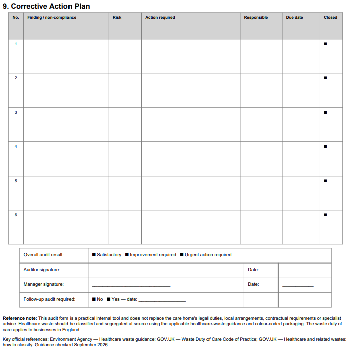 Care Home Waste Management Audit Checklist